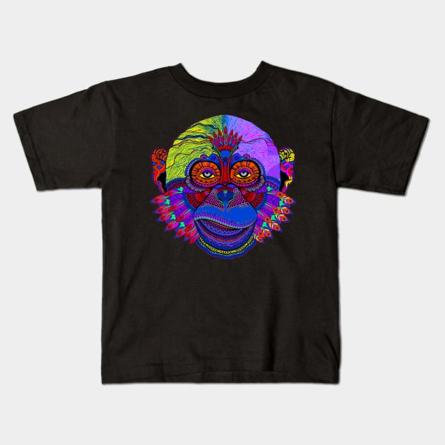 Multicolored Pop Art Monkey Face with Feathers Kids T-Shirt by EDDArt